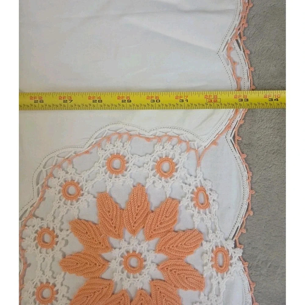 2 Vtg Pillowcases Handmade Crochet Embroidered Floral Lace Edge Peach Orange SEE